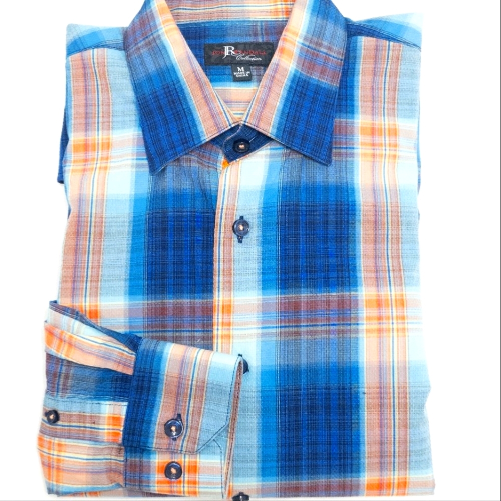 Jon Randall Navy Horizon Dobby Plaid Sportshirt Long Sleeve Button Down